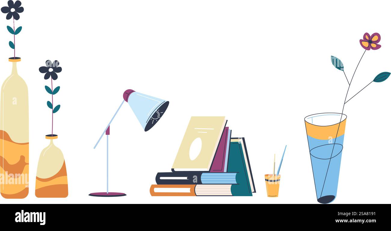 Design intérieur et décoration pour la maison et l'hébergement. Accessoires isolés, vases avec fleurs, livres et lampe, porte-stylo. Agencement d'une maison et d'un salon. Vecteur dans l'illustration de style plat. Accessoires d'intérieur pour la maison pour le design et la décoration Illustration de Vecteur
