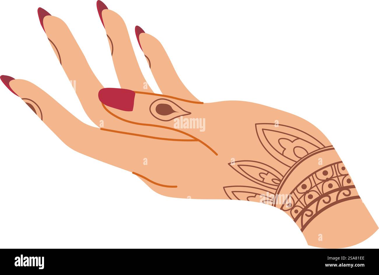 Ongles manucurés et dessin au henné, main de femme isolée avec peinture ou dessin avec feuilles et feuillage, lignes et points. Dames cérémonie de mariage tradition. Vecteur dans l'illustration de style plat. Main avec des ongles manucurés et un dessin au henné Illustration de Vecteur