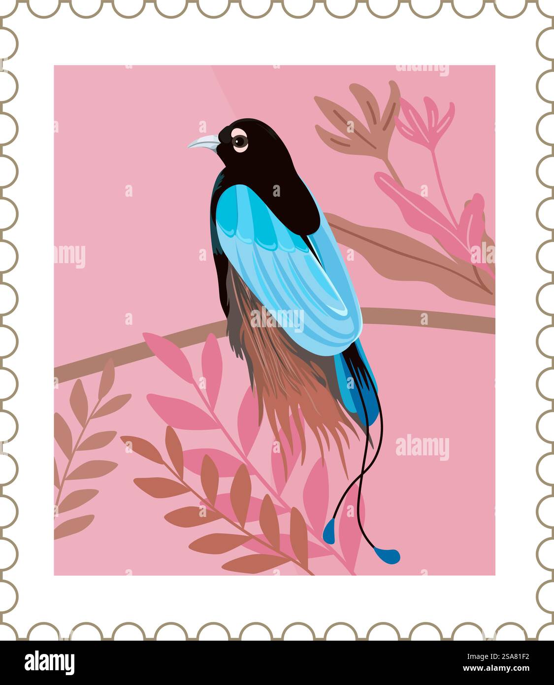 TAD ou carte postale avec oiseau exotique et plumage coloré. Papier isolé avec flore animale aviaire et végétale tropicale. Carte postale ou marque avec conception de thème de la nature. Vecteur dans le style plat. Carte postale ou marque avec oiseau exotique et feuilles Illustration de Vecteur