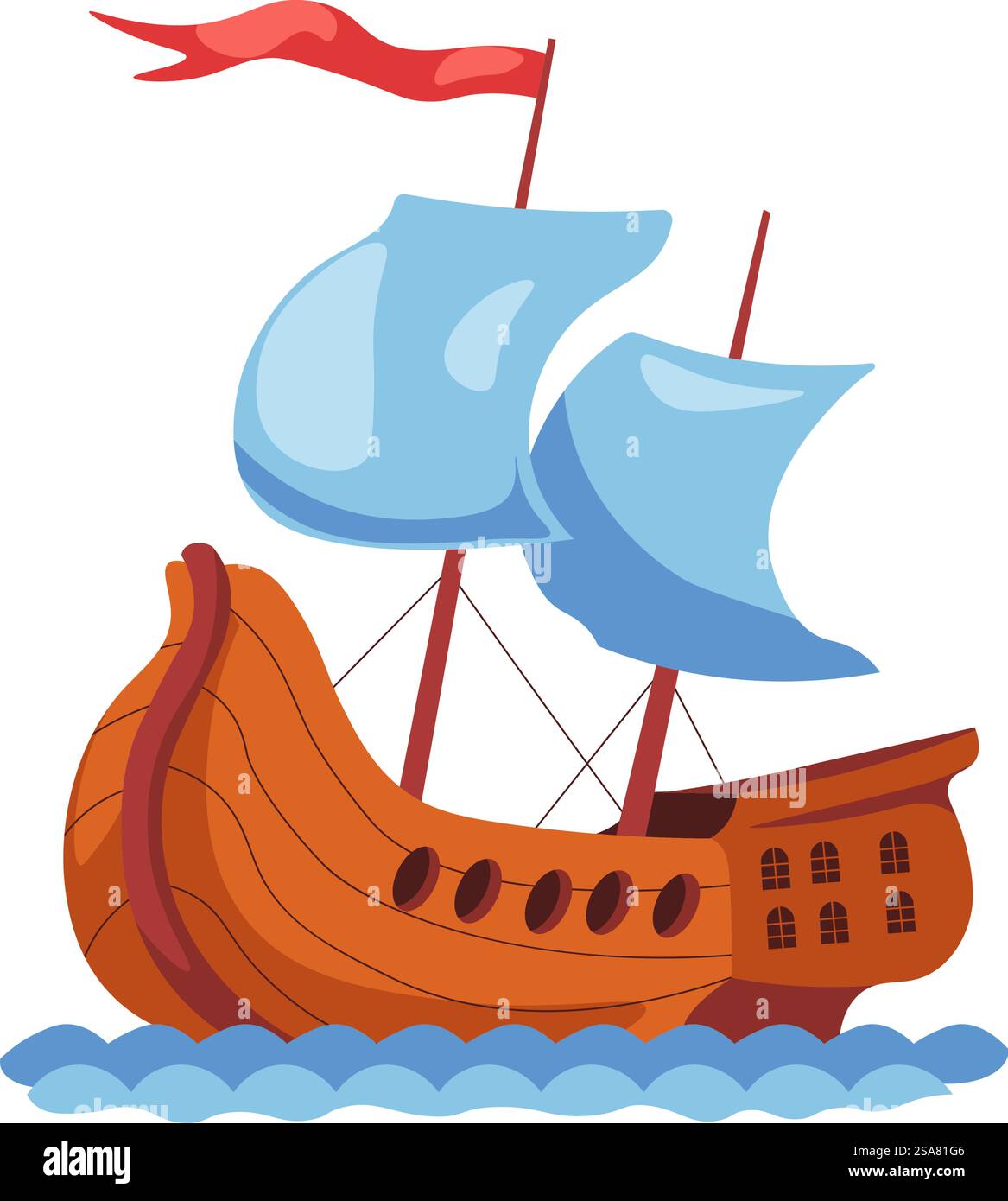 Vieux navire en bois pour le voyage, voilier isolé avec pavillon et petites fenêtres. Transports et découvertes antiques, grand bateau avec voiles pour les voyages et le transport. Vecteur dans le style plat. Voilier avec pavillon, vieux navire en bois pour le voyage Illustration de Vecteur