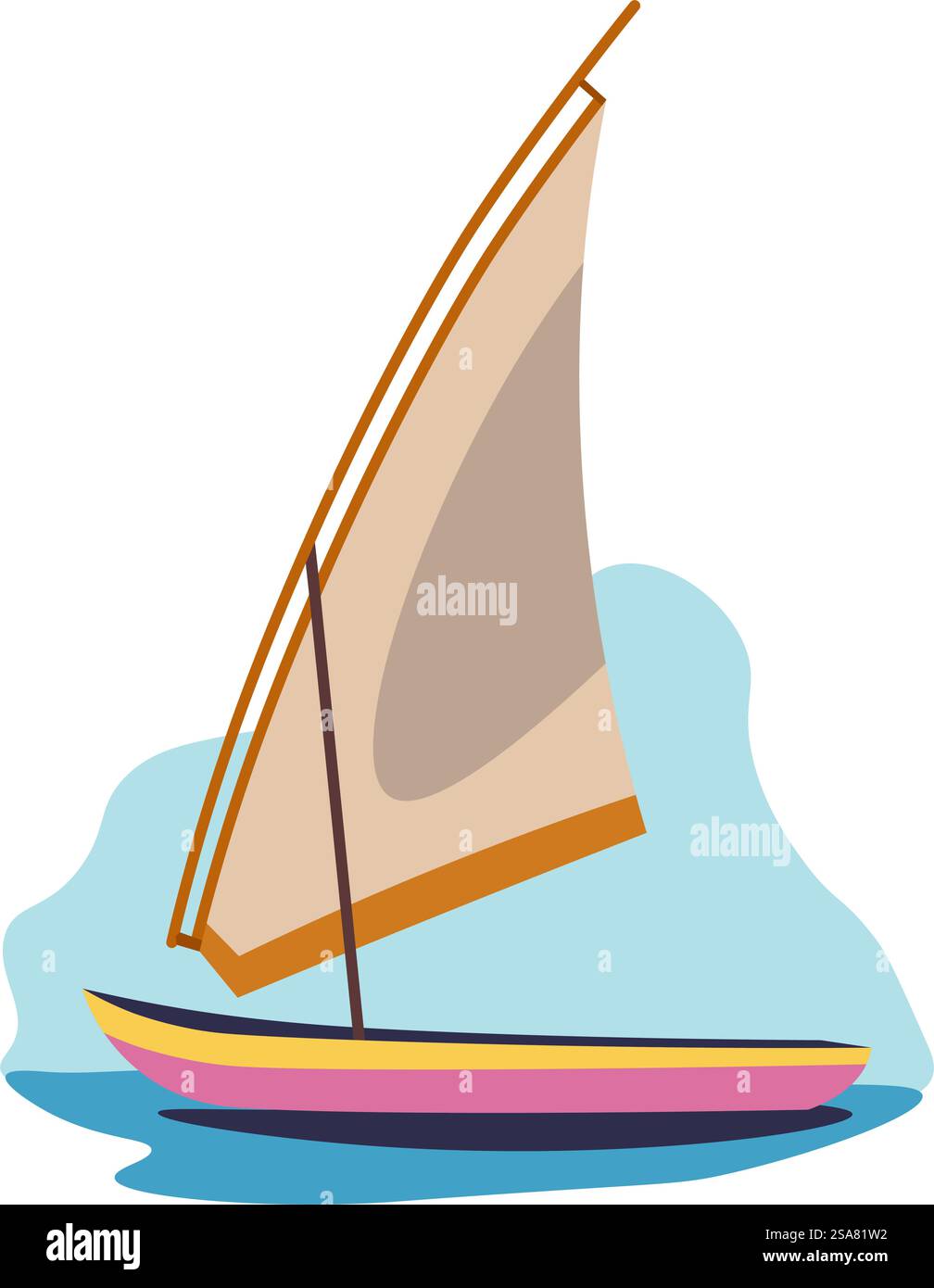 Voilier bateau en bois flottant sur l'eau, navire isolé avec des voiles. Voyages et écotourisme, voyages sur l'île et la mer, passe-temps ou activités en été. Bord de mer et repos. Vecteur dans le style plat. Ecotour et vacances, voilier sur l'eau de mer Illustration de Vecteur