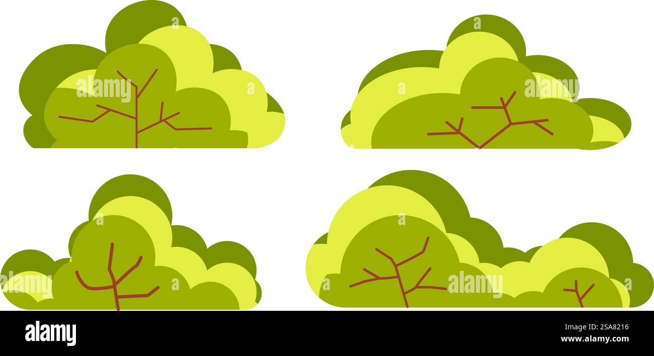 Arbustes et arbustes avec feuilles et feuillage, branches isolées et flore, végétation de forêt, bois ou jardin. Aménagement paysager de cour ou de verger, décor sauvage et nature. Vecteur dans le style plat. Bush et arbustes de parc ou de jardin, vecteur de nature Illustration de Vecteur