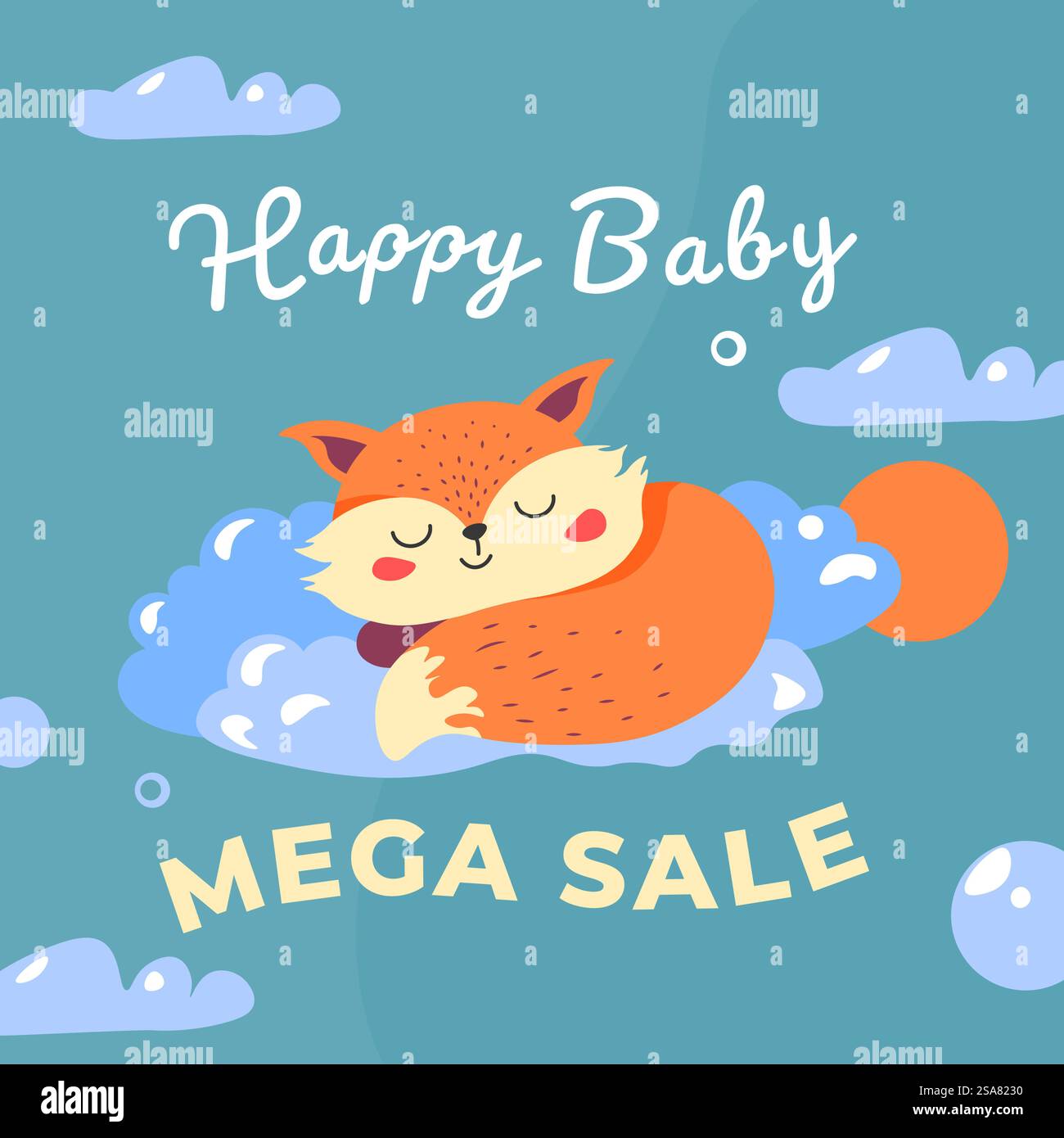 Mega vente et réductions pour les parents et les enfants produits. Mignon renard dormant sur un nuage, animal mammifère endormi. Offres et liquidation des articles pour enfants. Bannière promotionnelle, vecteur publicitaire dans le style plat. Heureux bébé méga vente pour les enfants et les parents vecteur Illustration de Vecteur