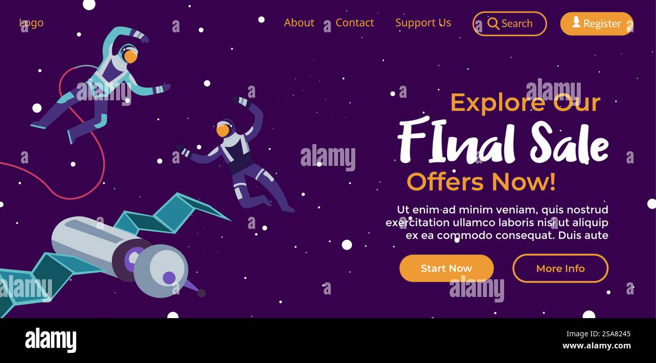 Offres et ventes, explorez nos réductions finales pour les clients et les utilisateurs. Astronautes flottant dans l'espace avec satellite et constellation d'étoiles. Modèle de page de destination de site Web, vecteur de site en ligne dans un style plat. Explorez notre page Web vente finale, offres maintenant Illustration de Vecteur