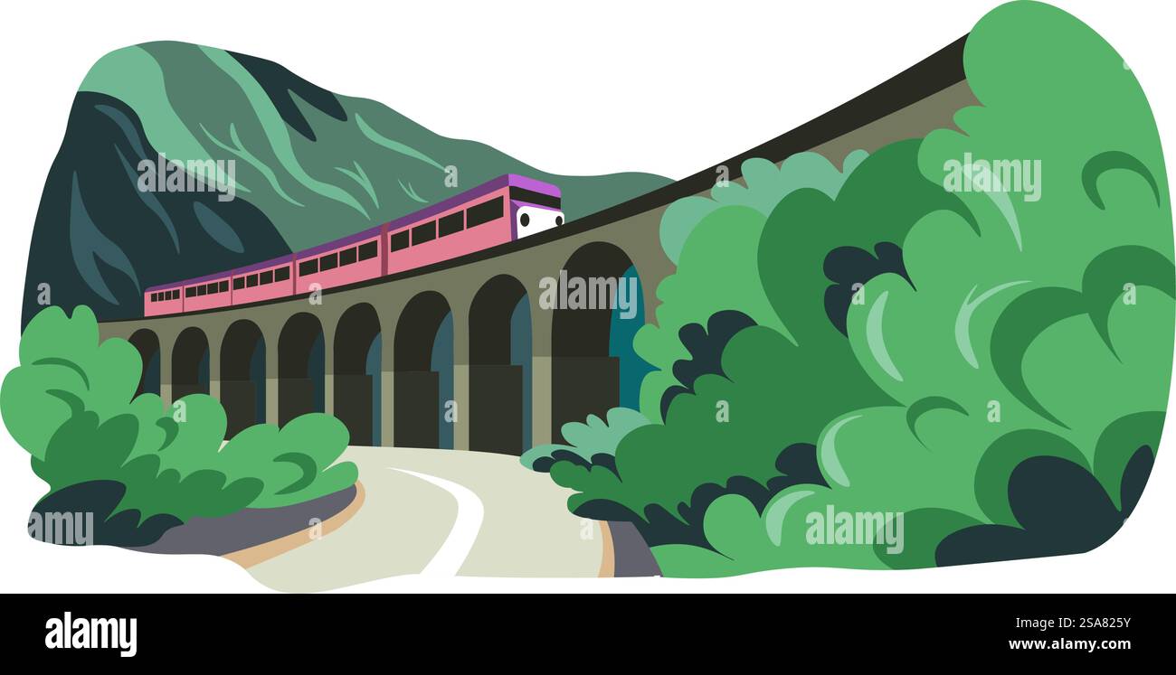 Voyager et partir en vacances ou en voyage. Tourisme et transport ferroviaire sur le pont, la nature et la diversité des paysages. Écotourisme et repos en plein air, paysage avec arbres forestiers. Vecteur dans le style plat. Tourisme et voyages en train, tunnel de montagne Illustration de Vecteur