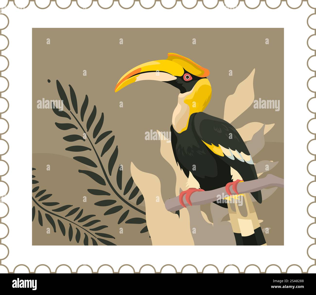 Oiseau exotique assis sur la branche, végétation tropicale flore et faune. Animal aviaire avec plumage coloré. Carte postale ou marque avec la nature, lettre et correspondance postale. Vecteur dans les styles plats. Animal aviaire, vecteurs de marque postale d'oiseau exotique Illustration de Vecteur