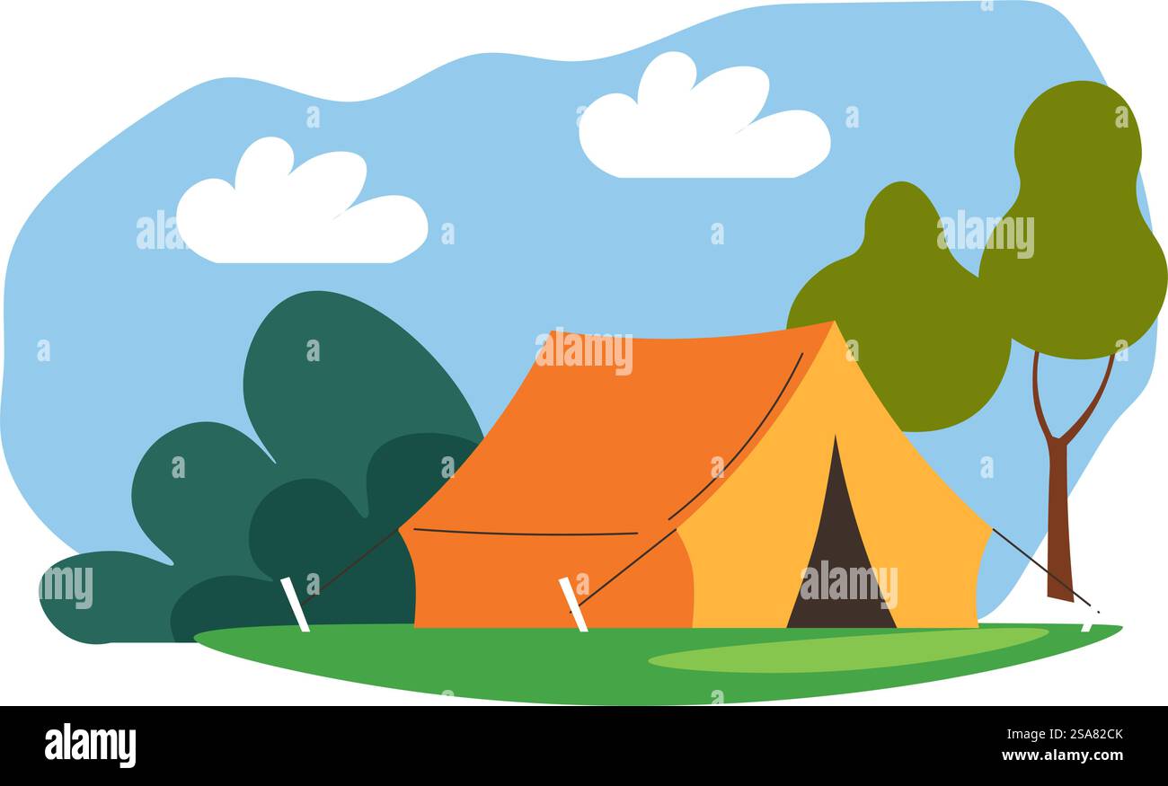 Tente sur camping, camping et repos en été. Paysage avec ciel et forêt ou bois avec arbres et végétation. Paysage de destination de vacances ou emplacement pour les randonneurs. Vecteur dans le style plat. Camping trekking ou randonnée en été Illustration de Vecteur