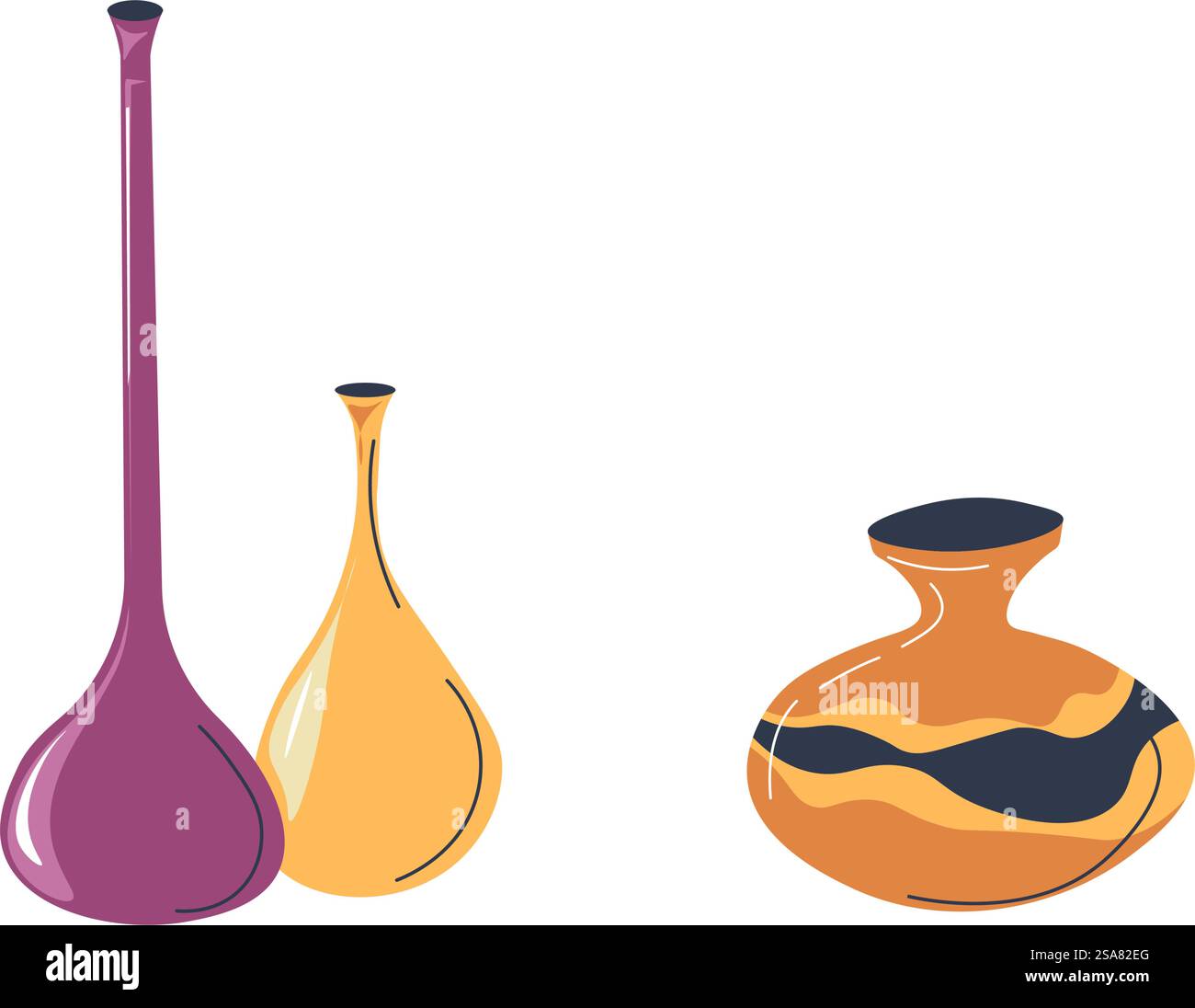 Décoration intérieure et éléments décoratifs pour salon ou chambre à coucher. Vases isolés avec imprimé abstrait et différentes formes. Récipients pour fleurs et arrangements. Vecteur dans le style plat. Décoration de vases pour le design d'intérieur de la maison, vecteur Illustration de Vecteur