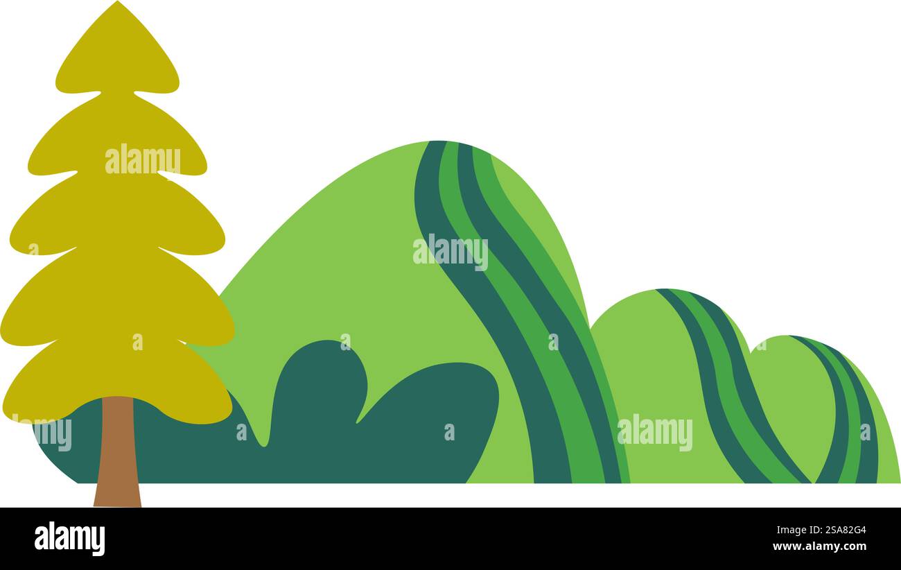 Forêt nature paysage ou scène, paysage avec arbres et végétation, montagnes ou collines. Bois et environnement extérieur, trekking ou destinations de voyage pour les touristes. Vecteur dans les styles plats. Vecteur de randonnée de paysage naturel de montagne ou de forêt Illustration de Vecteur