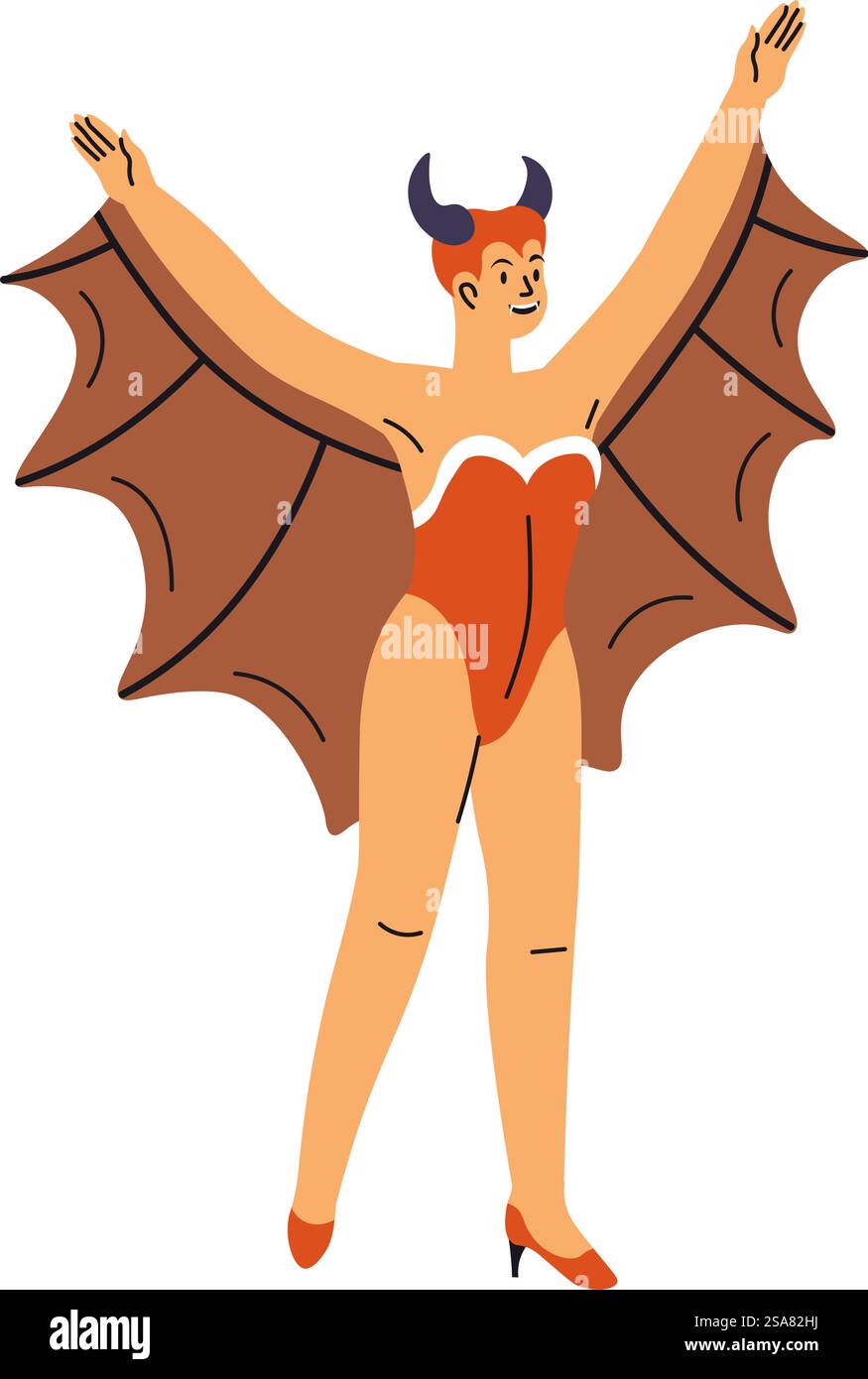Femme habillée en diable pour Halloween, personnage féminin isolé avec des ailes et des cornes. Vêtements et tenues pour les loisirs. Trick or Treat, costume pour la célébration de fête de vacances. Vecteur dans le style plat. Costume d'Halloween de costume de personnage féminin diable Illustration de Vecteur