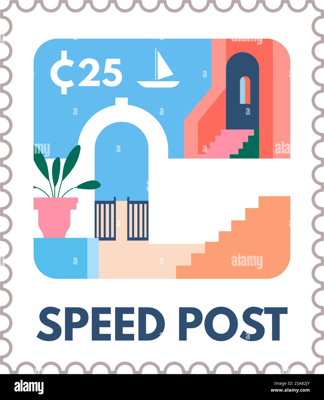 Paysage urbain avec mer et architecture, carte postale ou TAD avec prix. Papier avec ville et bâtiments, arches. Service de courrier et de livraison express, marque d'affranchissement de correspondance. Vecteur dans le style plat. Speed post, marque postale ou carte postale avec ville Illustration de Vecteur