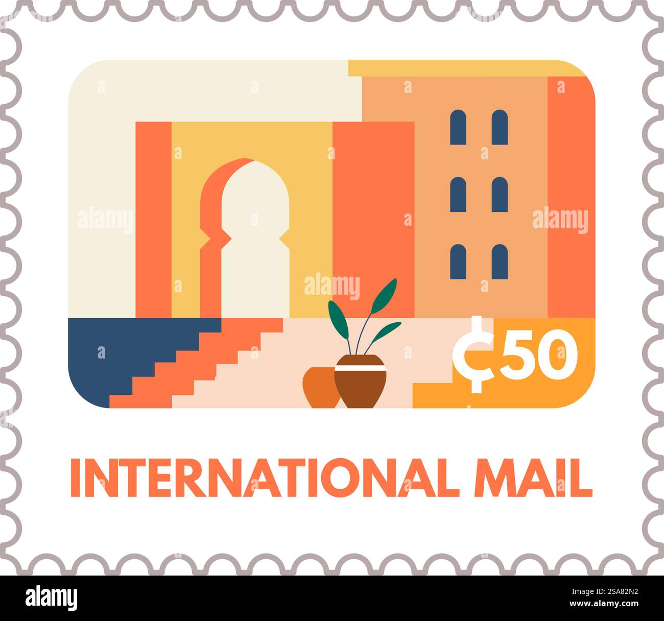 Papier postal ou carte postale avec architecture paysage. Bâtiment de la vieille ville, prix du service. Service de courrier et de livraison express, correspondance et marque d'affranchissement. Vecteur dans l'illustration de style plat. Courrier international, marque postale de correspondance Illustration de Vecteur