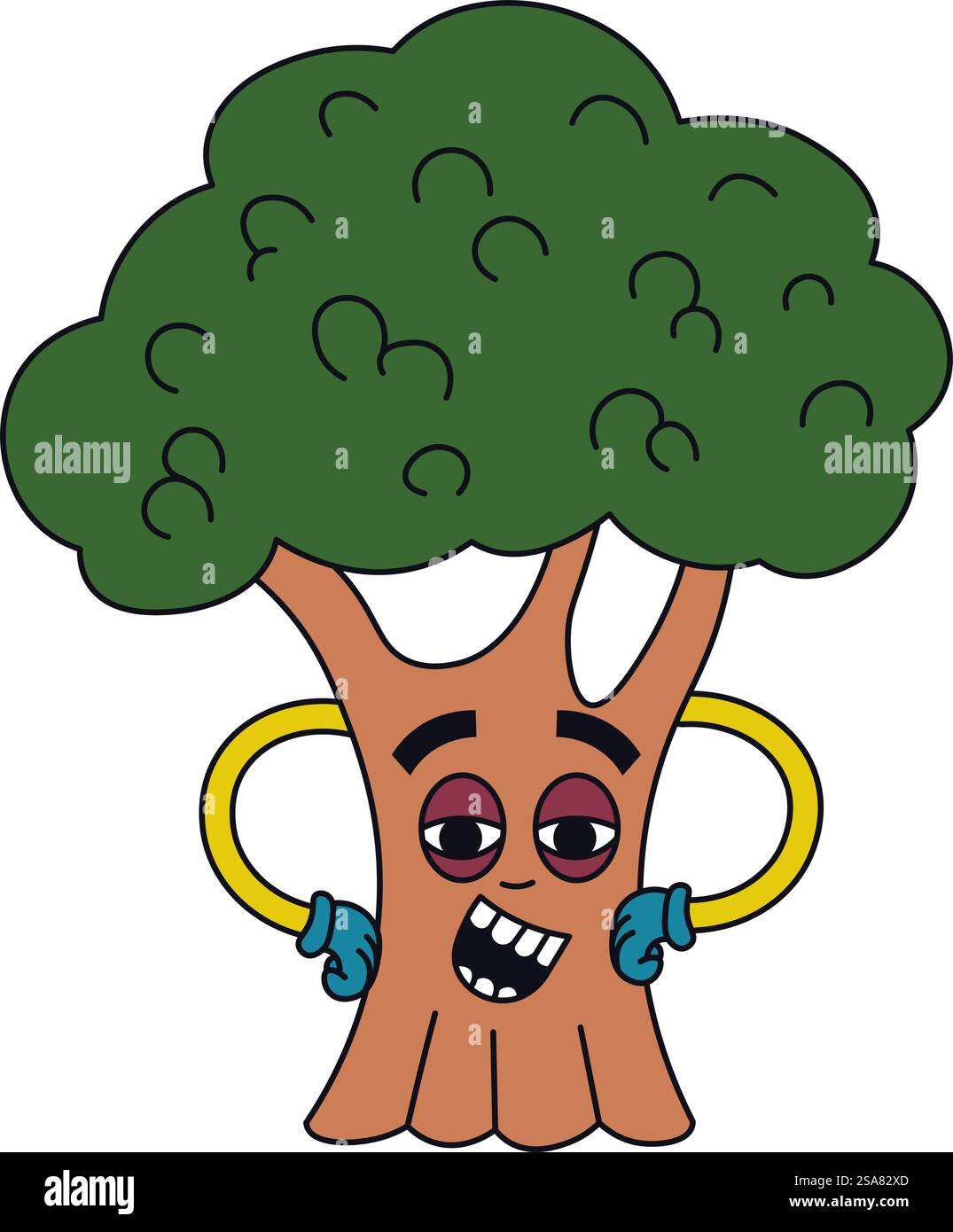 Personnage d'arbre ou de brocoli avec expression faciale et mains dans des gants. Mascotte du monde fantastique, bois ou gardien de forêt. Emoji ou émoticône, autocollant ou personnage de dessin animé. Vecteur dans les styles plats. Arbre vert de dessin animé, gardien de la nature et de la forêt Illustration de Vecteur