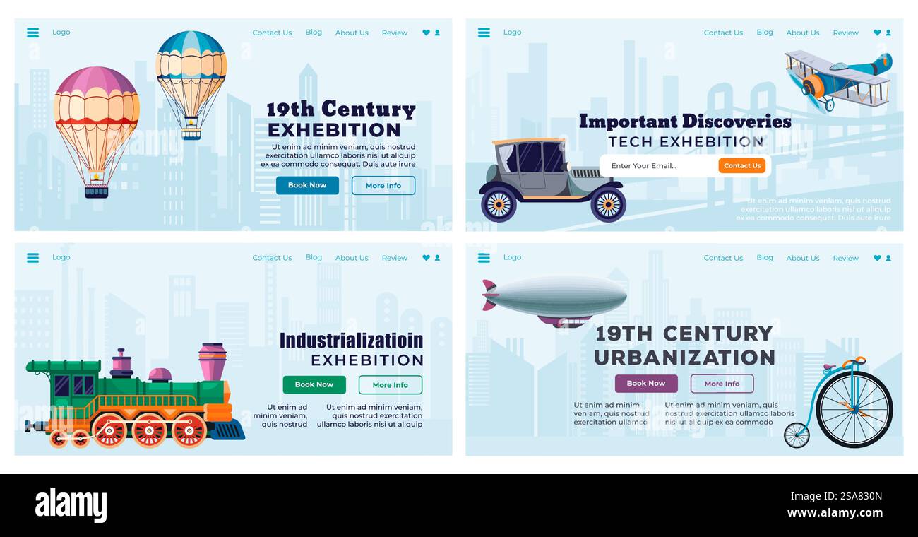 Ensemble de conception de bannière Web avec exposition d'urbanisation. Cartoon 19ème siècle transport à la collection de page d'atterrissage, illustration vectorielle. Promotion de l'excursion d'histoire à l'arrière-plan du paysage urbain. Ensemble de conception de bannière Web avec exposition d'urbanisation Illustration de Vecteur