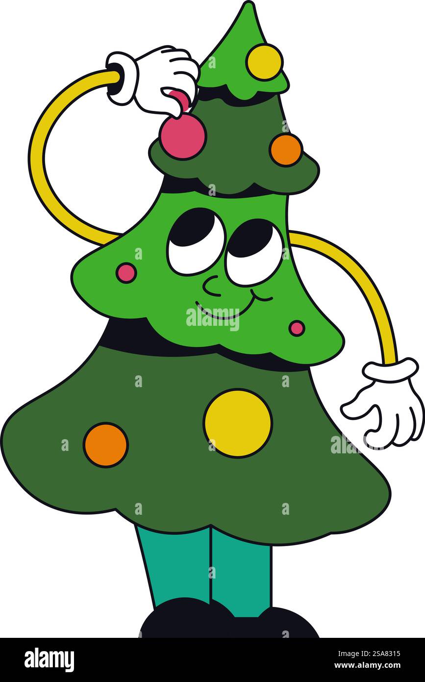 Personnage d'arbre de Noël avec des lumières et des boules, expressions faciales et mains. Préparation pour les vacances d'hiver, décoration de pin. Emoji ou émoticône, autocollant ou personnage. Vecteur dans les styles plats. Personnage d'arbre de Noël rétro, personnage avec des boules Illustration de Vecteur