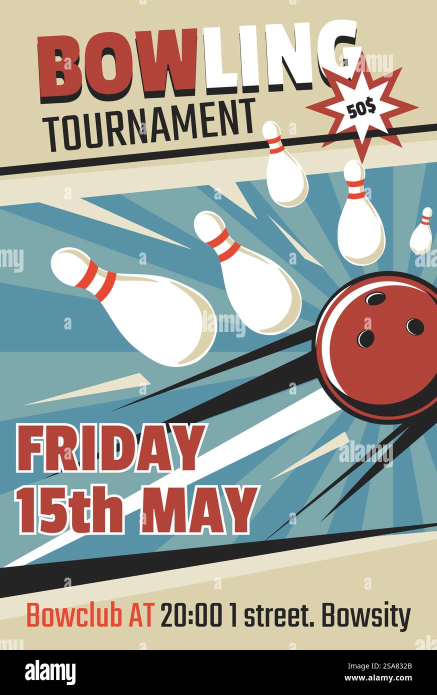 Tournoi de bowling Bowclub pour les joueurs. Carte d'invitation ou circulaire indiquant la date et le lieu de l'événement. Frappes à billes faisant des frappes. Loisirs et amusement. Affiche ou bannière publicitaire, vecteur dans le style plat. Tournoi de bowling au club, flyer ou vecteur d'affiche Illustration de Vecteur