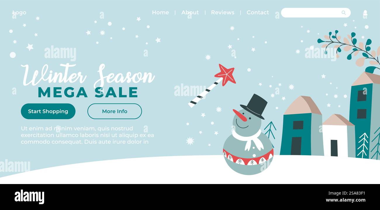 Mega vente d'hiver, shopping dans les magasins et magasins avec des prix réduits. Réductions sur les produits et les marchandises pour les vacances, le nouvel an et Noël. Page d'accueil du site Web, modèle de site Internet. Vecteur dans le style plat. Méga vente de saison d'hiver, réductions pour les vacances Illustration de Vecteur