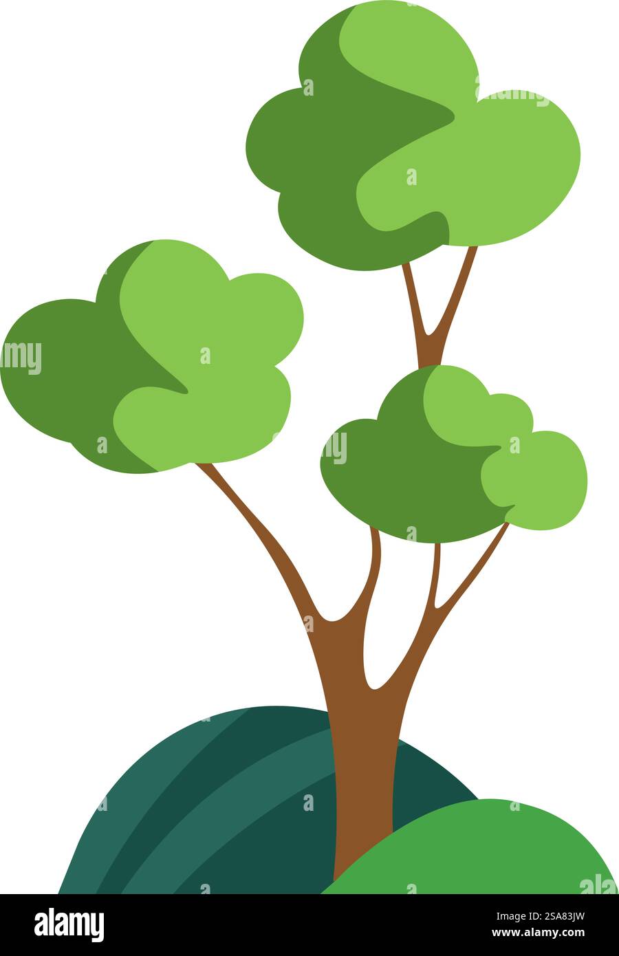 Paysage naturel, végétation de dessins animés de bois ou de forêt. Arbre isolé avec feuillage et branches avec verdure. Feuilles et botanique du printemps ou de l'été. Destination loisirs et repos. Vecteur en plat. Arbre avec des branches et des feuilles de feuillage, vecteur Illustration de Vecteur