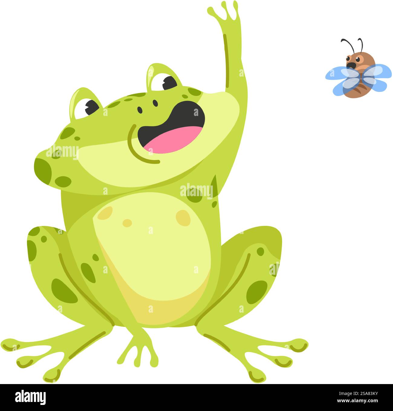 Crapaud ou grenouille assis avec la bouche ouverte essayant d'attraper la mouche. Créature ludique de l'eau et des royaumes terrestres. Amphibien ou polliwog jouant avec un insecte. Personnage drôle d'animal aquatique. Vecteur dans le style plat. Grenouille attrapant la mouche, personnage drôle d'animal aquatique Illustration de Vecteur