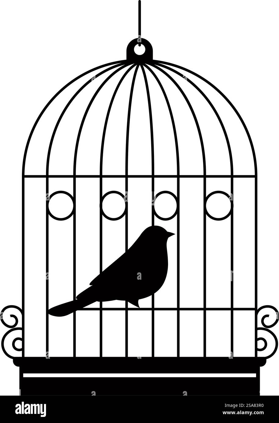 Silhouette de birdie en cage, animal aviaire isolé assis dans une cage avec des tourbillons vintage et des décorations. Animal domestique pour la maison, perroquet Wor oiseau tropical exotique avec plumage. Vecteur dans l'illustration de style plat. Cage en métal vintage avec oiseau, vecteur animal aviaire Illustration de Vecteur