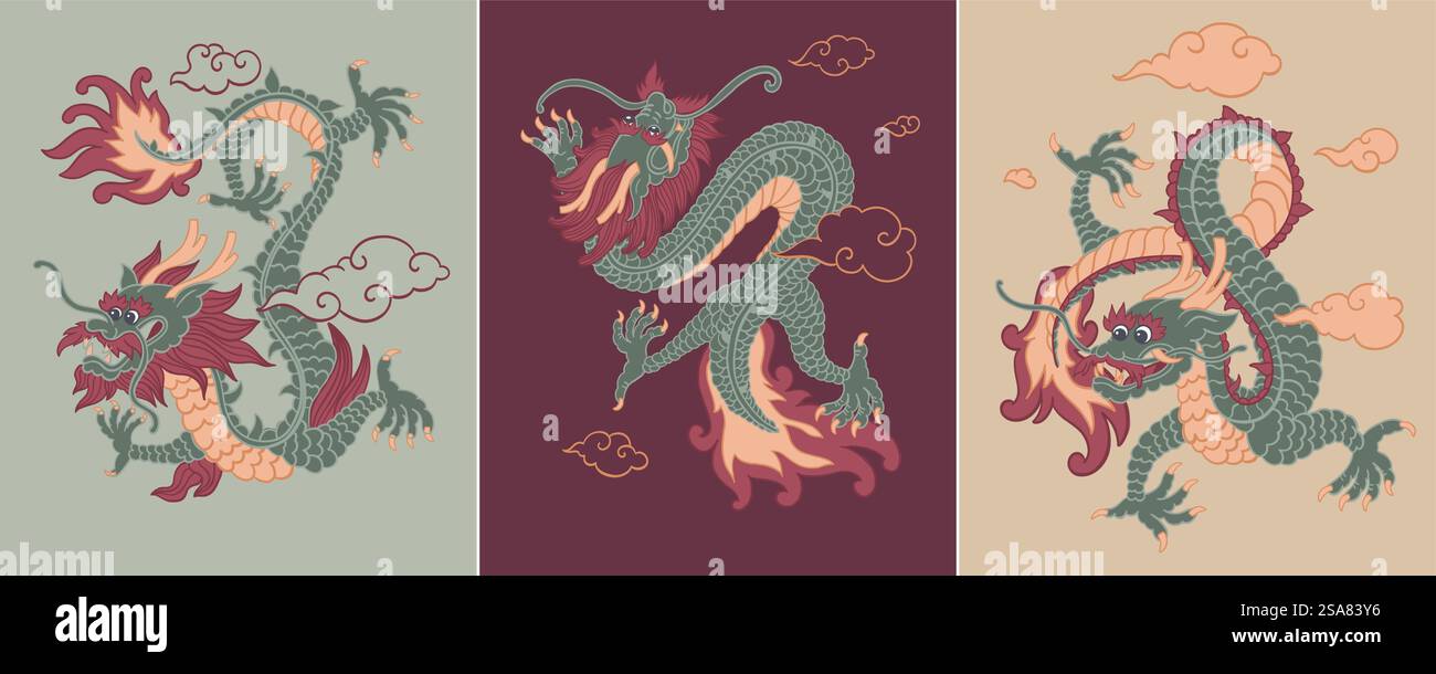 Dragon abstrait isolé dessiné à la main. Symbole du zodiaque du nouvel an 2024. Style oriental japonais ou chinois.. Dragon volant du nouvel an chinois Illustration de Vecteur