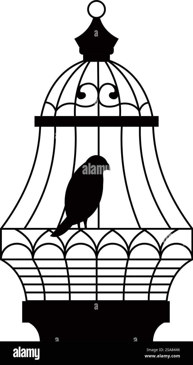 Cage en métal vintage avec forme arrondie et tourbillons et silhouette d'oiseau. Animal aviaire isolé en cage avec longue queue, perroquet ou oiseau exotique dans un zoo ou un magasin. Entreposer avec des animaux de compagnie. Vecteur dans le style plat. Silhouette d'oiseau dans la cage métallique vintage, vecteur Illustration de Vecteur