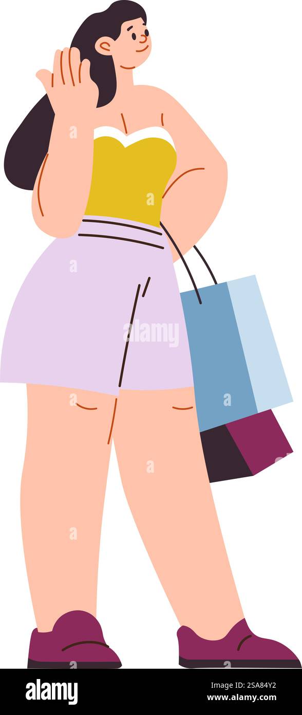 Personnage féminin tenant des sacs à provisions, adolescente élégante isolée avec des paquets de magasins et de magasins. Femme avec des marchandises du centre commercial, passe-temps et loisirs, passe-temps de dame. Vecteur dans le style plat. Personnage féminin à la mode avec des sacs à provisions Illustration de Vecteur
