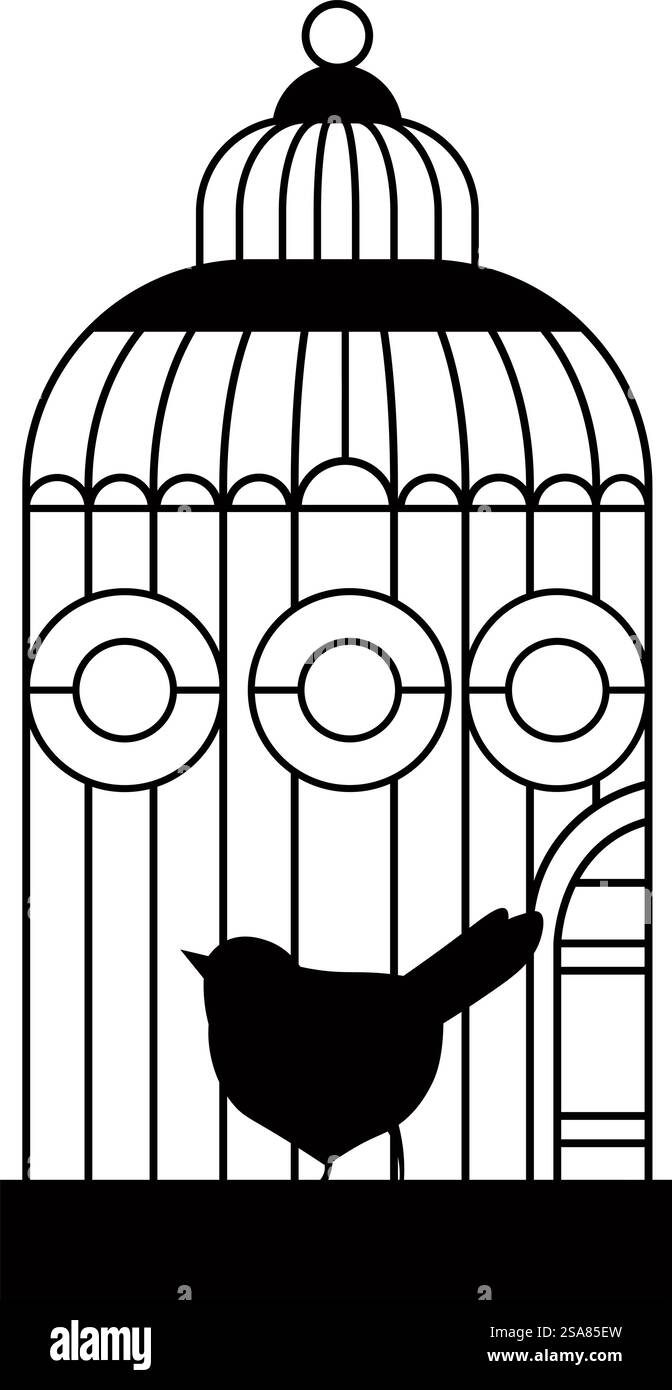 Oiseau en cage avec une longue queue qui chante. Silhouette isolée d'animal aviaire, espèce exotique de birdie. Magasin ou animalerie avec assortiment. Cage ou conteneur vintage en métal pour le transport. Vecteur dans le style plat. Cage vintage avec vecteur d'oiseau aviaire en cage Illustration de Vecteur