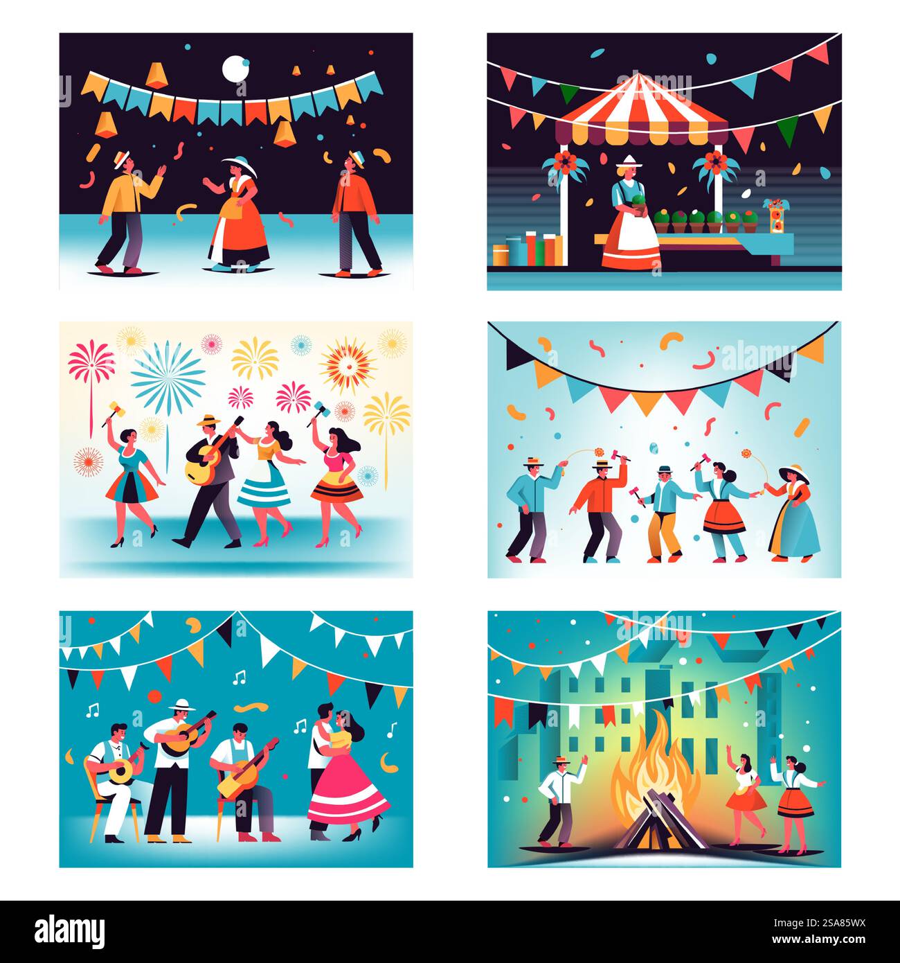 Danse traditionnelle portugaise colorée, illustration vectorielle dans un design plat contemporain, isolé sur blanc, idéal pour les thèmes culturels.. Vecteur d'illustration vibrant Festival Dance Illustration de Vecteur