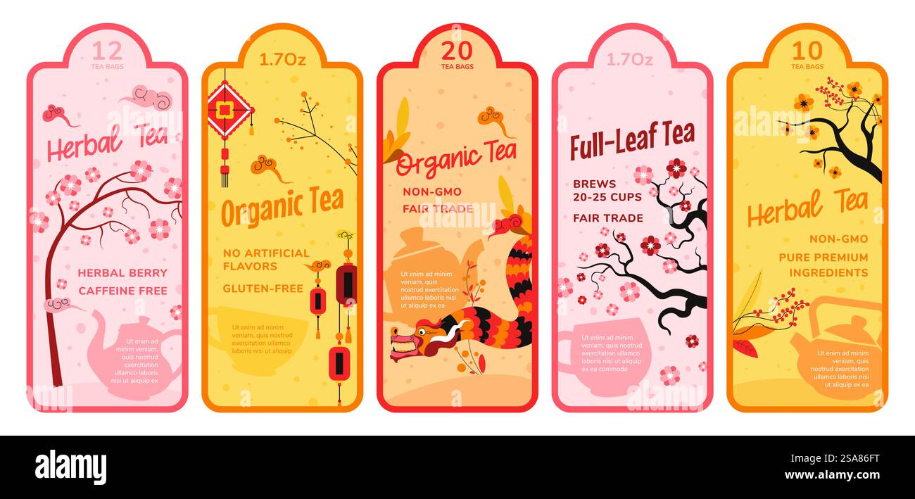 Ensemble de conception d'autocollants pour paquet de thé asiatique biologique. Collection colorée d'étiquettes pour boisson naturelle à base de plantes, illustration vectorielle. Publicité de thé chinois pleine feuille avec étiquette, éléments décoratifs culturels. Ensemble de conception d'autocollants pour paquet de thé asiatique biologique Illustration de Vecteur