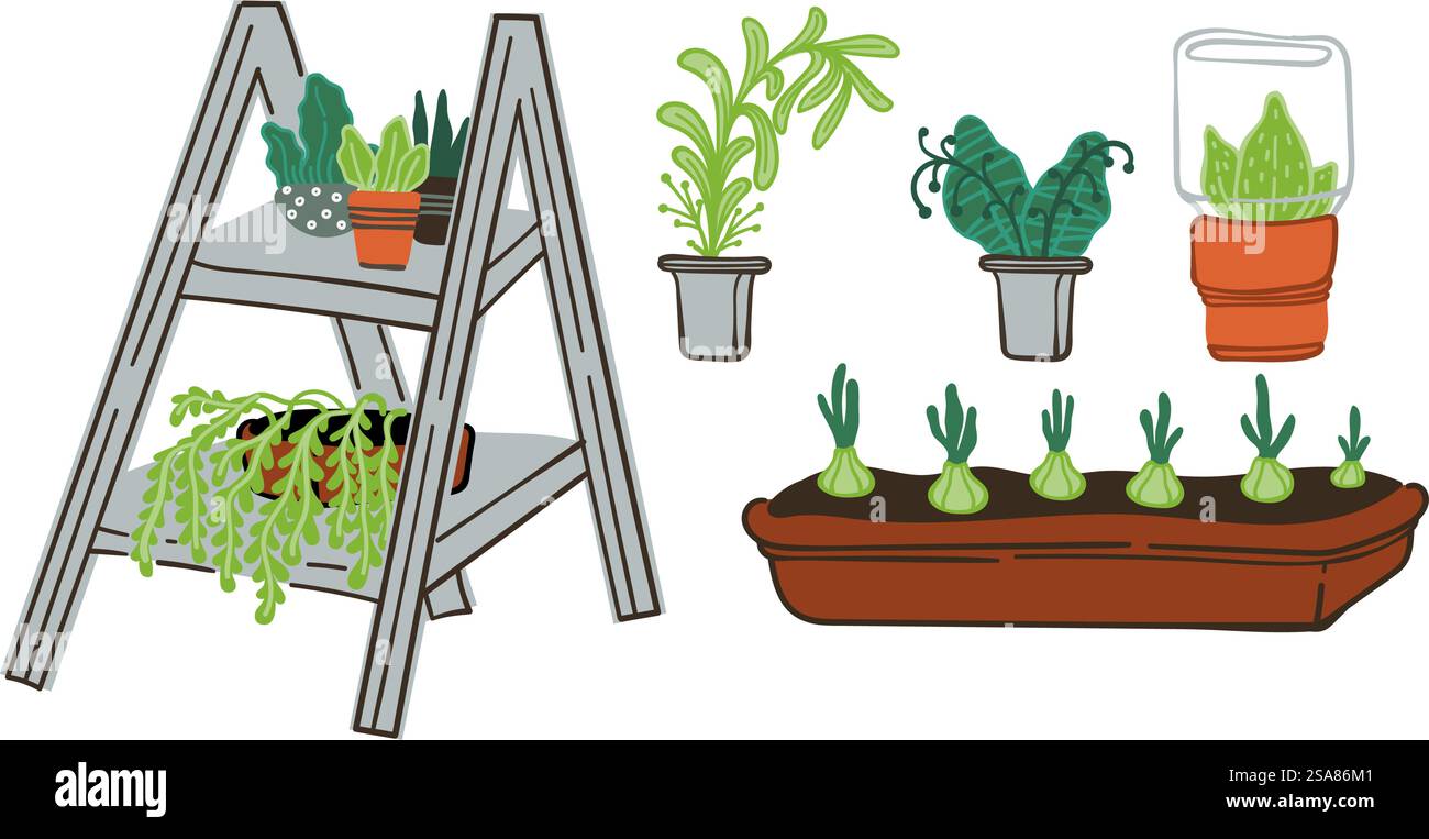 Collection de plantes de jardinage maison avec pots et stands, illustration vectorielle, isolé sur fond blanc.. Collection de plantes de jardinage à la maison Illustration de Vecteur