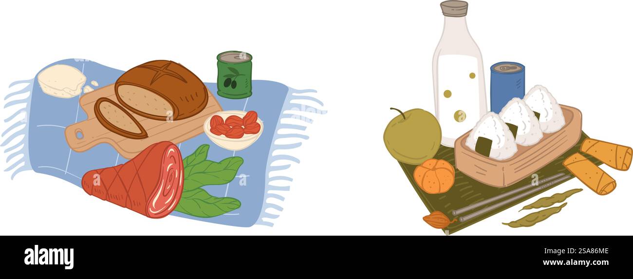 Assortiment d'articles alimentaires, illustration vectorielle, idéal pour les thèmes culinaires, isolé sur blanc.. Pique-nique d'illustration d'assortiment de nourriture vectorielle Illustration de Vecteur