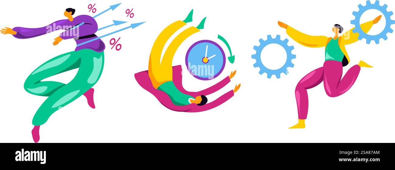 Une illustration vectorielle de figures stylisées colorées dans des poses dynamiques, isolées sur un fond blanc. Idéal pour les animations et numériques. Figures colorées dans le vecteur de poses dynamiques Illustration de Vecteur