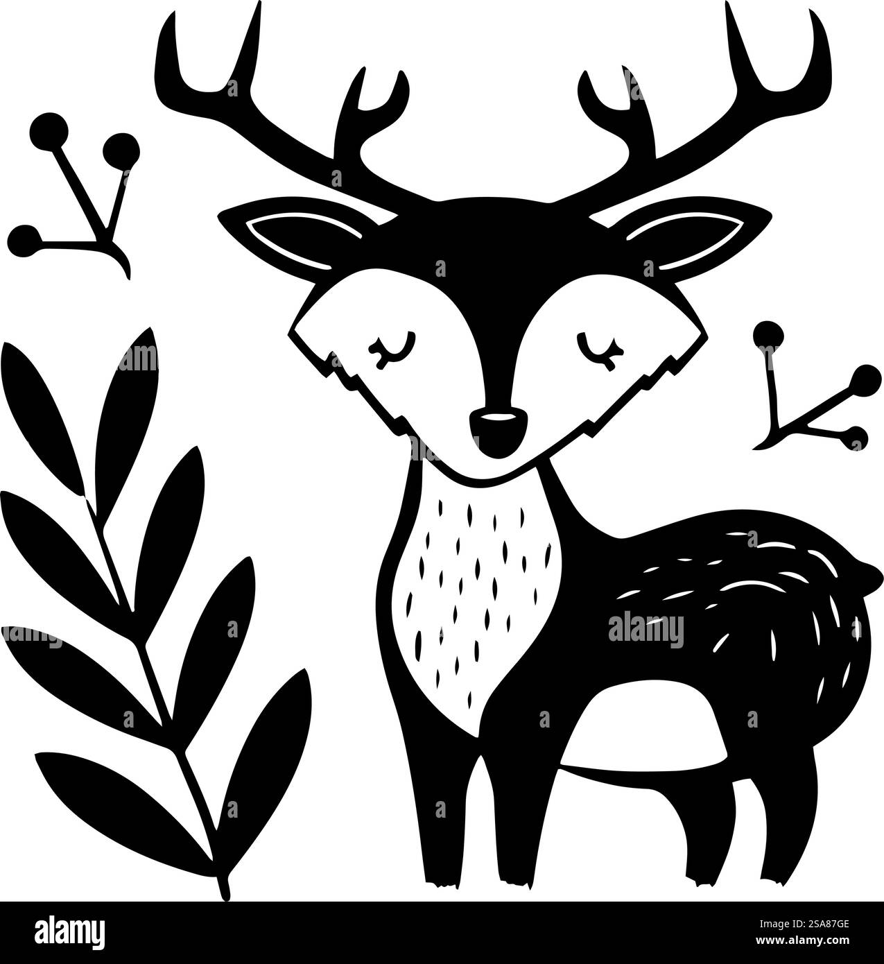 Cerf d'art folklorique avec des motifs végétaux décoratifs, charmante illustration vectorielle isolée sur fond blanc.. Cerf d'art folklorique avec motifs végétaux Illustration de Vecteur