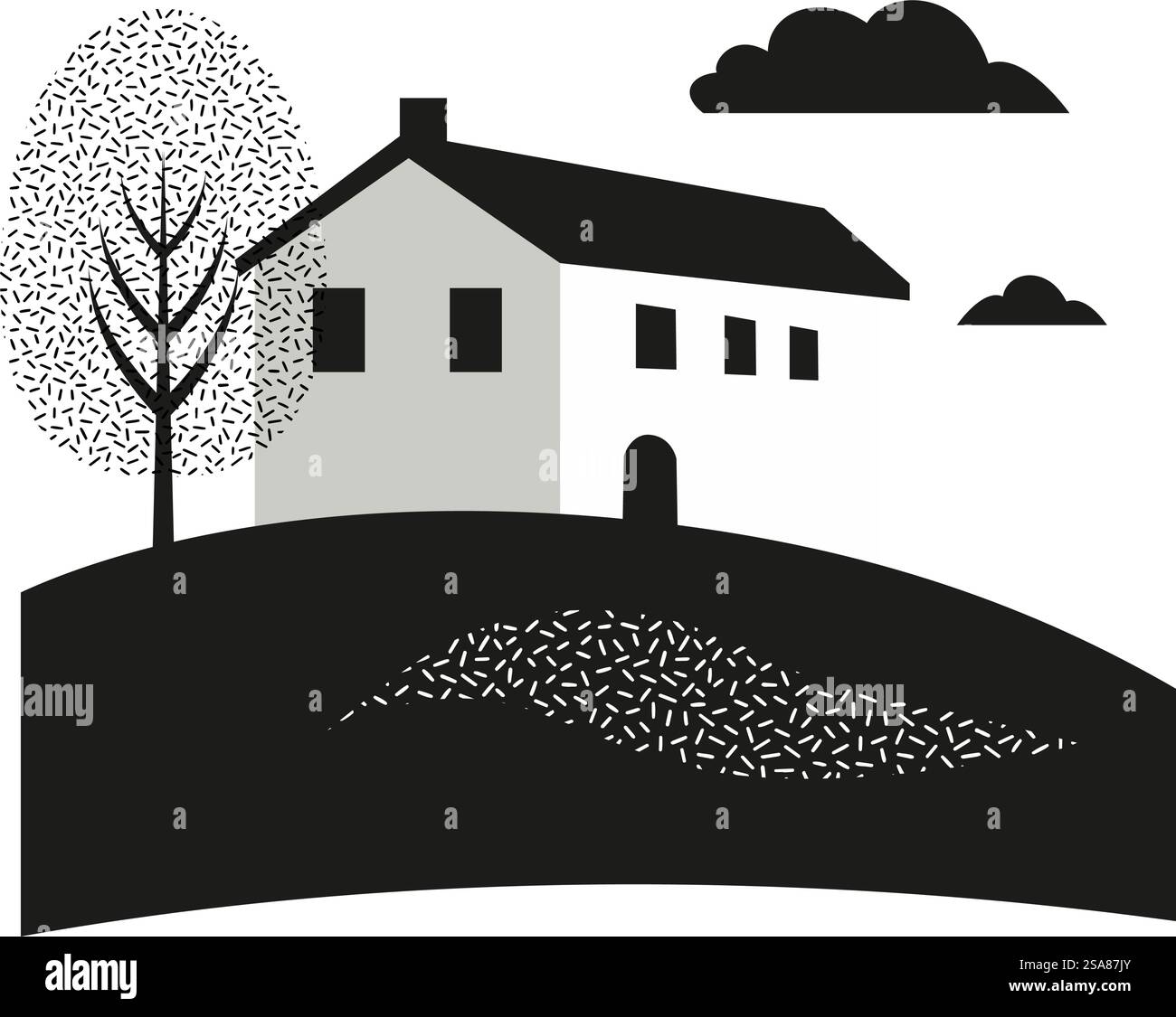Scène de maison de campagne minimaliste noir et blanc, isolé sur fond blanc. Cette illustration vectorielle est parfaite pour des thèmes calmes et paisibles.. Une scène de maison de campagne minimaliste Illustration de Vecteur