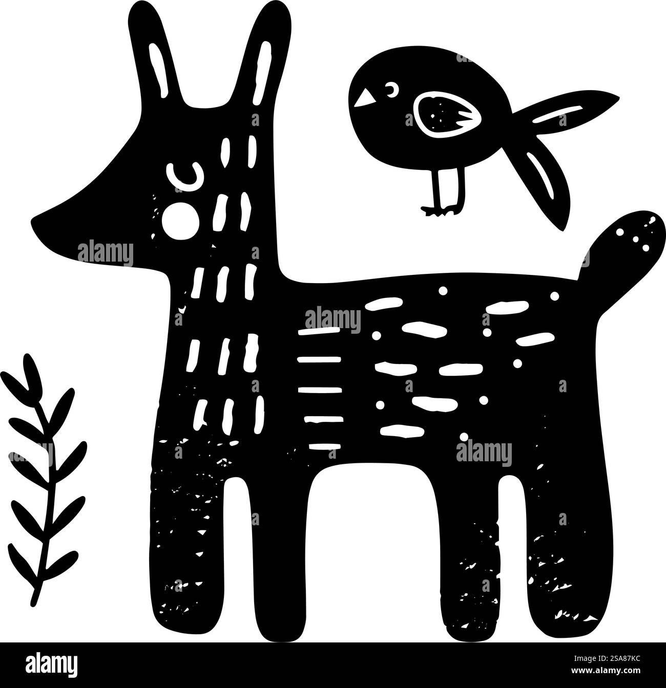 Lapin de style art folklorique avec un petit oiseau et une plante, illustration vectorielle, isolé sur fond blanc.. Illustration d'oiseau de lapin d'art folklorique Illustration de Vecteur