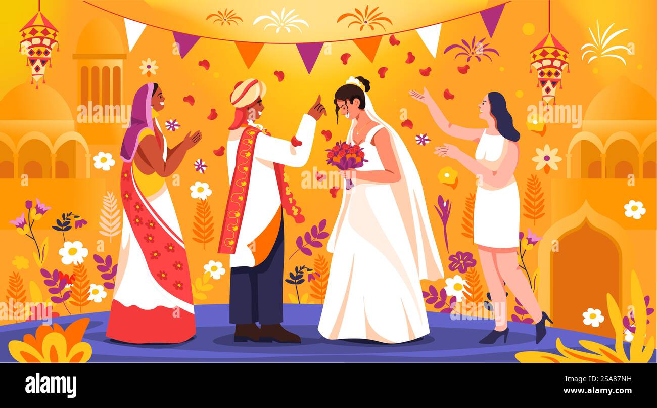 Illustration vectorielle colorée représentant une scène de mariage multiculturelle avec divers couples en tenue traditionnelle, sur fond floral. Convient pour les invitations de mariage ou les événements culturels.. Vecteur d'illustration de célébration de mariage multiculturel Illustration de Vecteur