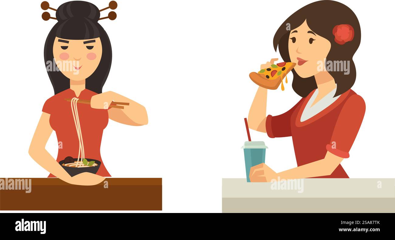 Illustration vectorielle de femmes mangeant de la restauration rapide, isolé sur blanc.. Femmes appréciant les délices de la restauration rapide Illustration de Vecteur
