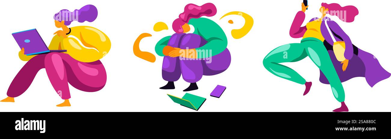 Illustration vectorielle de personnages ludiques engagés dans des activités dynamiques, parfaits pour des projets créatifs, isolés sur blanc.. Figures colorées dans le vecteur de poses dynamiques Illustration de Vecteur