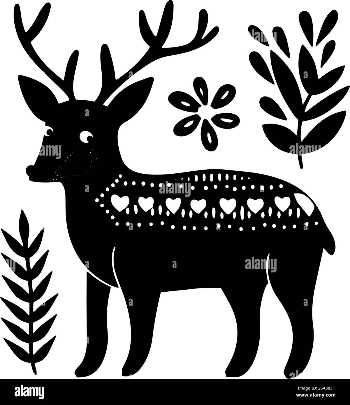 Cerf d'art folklorique avec des motifs végétaux décoratifs, charmante illustration vectorielle isolée sur fond blanc.. Cerf d'art folklorique avec motifs végétaux Illustration de Vecteur