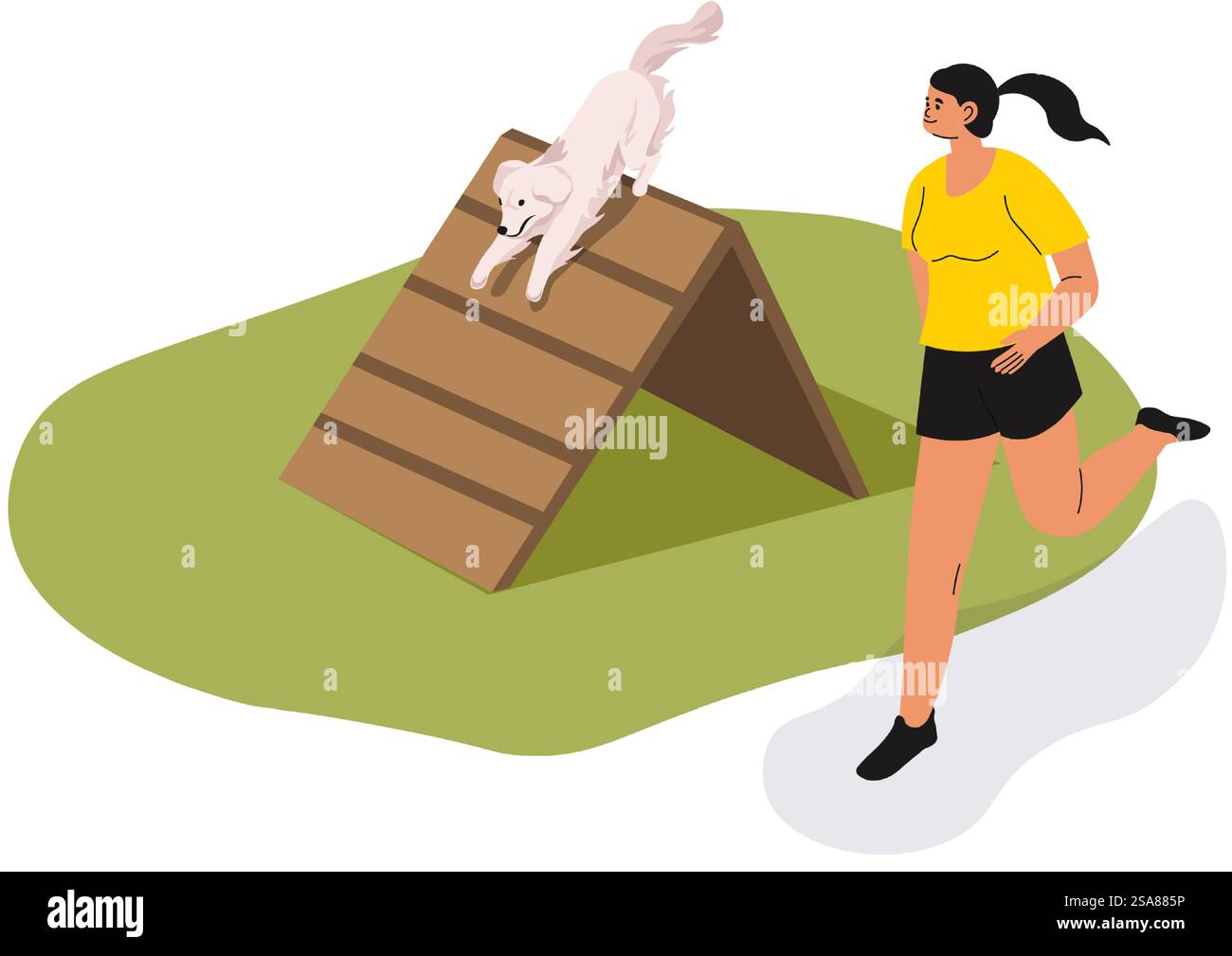 Femme courant avec un chien descendant une rampe d'agilité dans une illustration vectorielle. Idéal pour l'entraînement des animaux, les sports d'agilité et les conceptions animales. Isolé sur fond blanc.. Femme Running Dog Agility Ramp Illustration de Vecteur