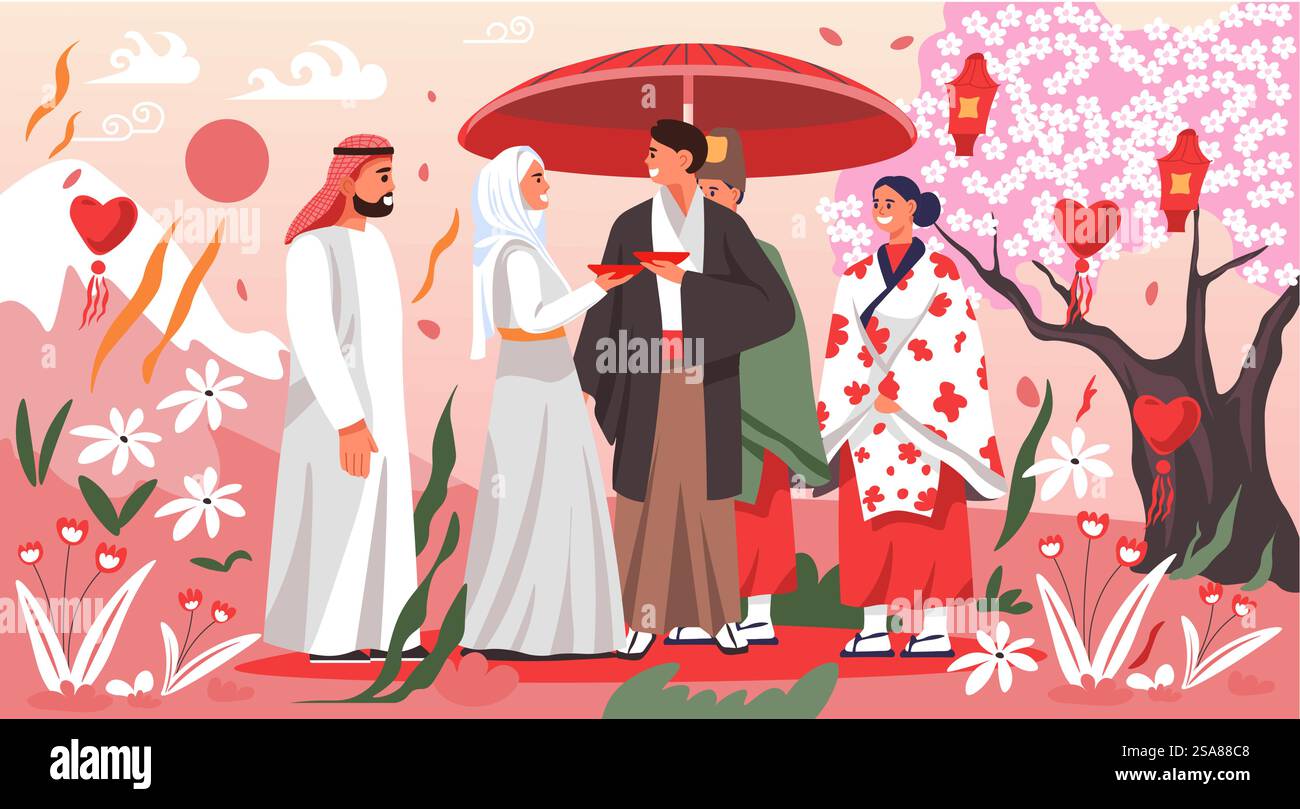 Illustration vectorielle colorée représentant une scène de mariage multiculturelle avec divers couples en tenue traditionnelle, sur fond floral. Convient pour les invitations de mariage ou les événements culturels.. Vecteur d'illustration de célébration de mariage multiculturel Illustration de Vecteur