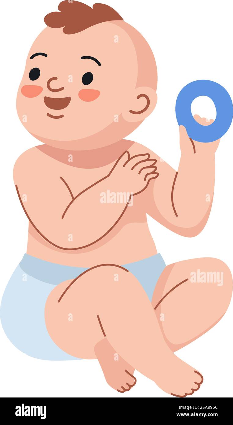 Un bébé assis et tenant un anneau bleu, dans un style de dessin animé mignon. Illustration vectorielle isolée sur un fond blanc. Parfait pour les produits pour bébé et le matériel éducatif.. Baby-sitting avec anneau bleu Illustration de Vecteur