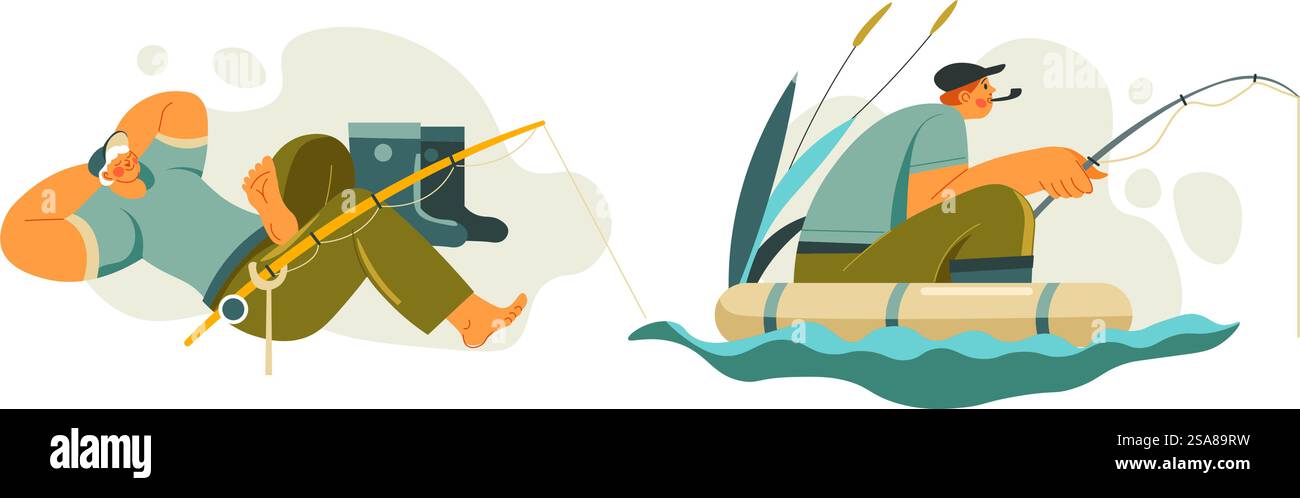 Illustration vectorielle d'un pêcheur pêchant à partir d'un bateau gonflable. Illustration vectorielle de style plat, isolée sur fond blanc. Idéal pour la pêche et les thèmes de loisirs en plein air.. Pêche à la ligne à partir d'un bateau gonflable Illustration de Vecteur