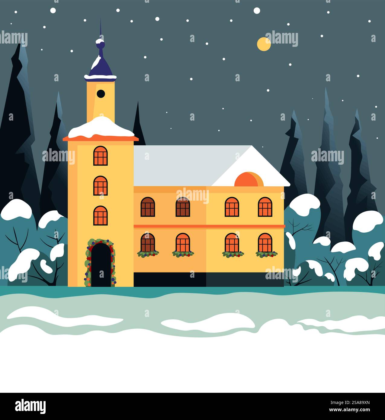 Une maison jaune dans une forêt enneigée sous un ciel nocturne, créée dans un style vectoriel plat. Parfait pour Noël et les designs d'hiver.. Maison jaune dans Snowy Forest Illustration de Vecteur