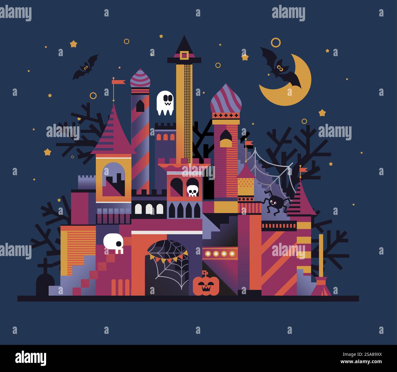 Une illustration vectorielle détaillée d'un château d'Halloween effrayant, avec des fantômes, des chauves-souris et des arbres étranges. Idéal pour les projets, décorations ou invitations sur le thème d'Halloween. Château d'Halloween avec fantômes et chauves-souris Illustration de Vecteur