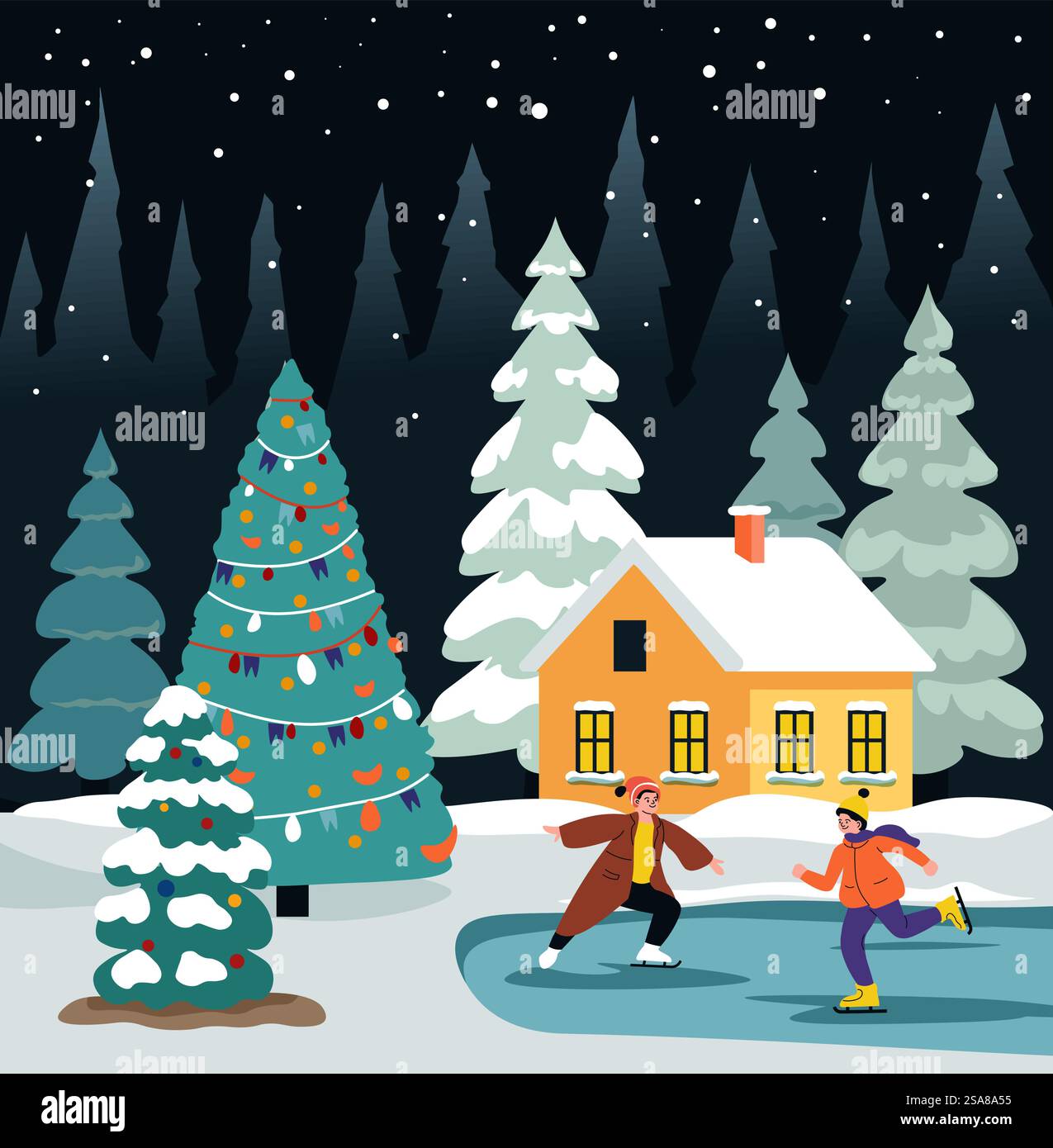 Une scène hivernale festive avec des patineurs, un arbre de Noël et une maison enneigée, créée dans un style vectoriel plat. Idéal pour les illustrations sur le thème des fêtes. Patineurs dans la scène Winter Wonderland Illustration de Vecteur
