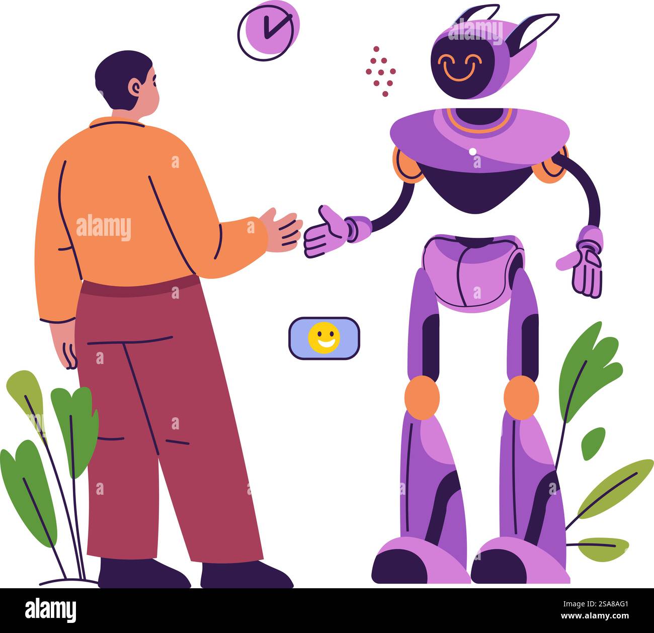Un humain et un robot serrant la main dans un geste amical, conçu dans un style plat coloré, isolé sur un fond blanc. Illustration vectorielle pour la technologie et les concepts futurs.. Illustration robot et poignée de main humaine Illustration de Vecteur