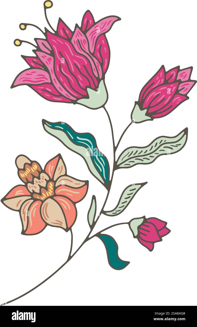 Illustration vectorielle d'une branche florale stylisée avec des détails complexes, isolée sur un fond blanc. Convient pour les impressions, les motifs ou les conceptions numériques .. Vecteur détaillé d'illustration de branche florale Illustration de Vecteur