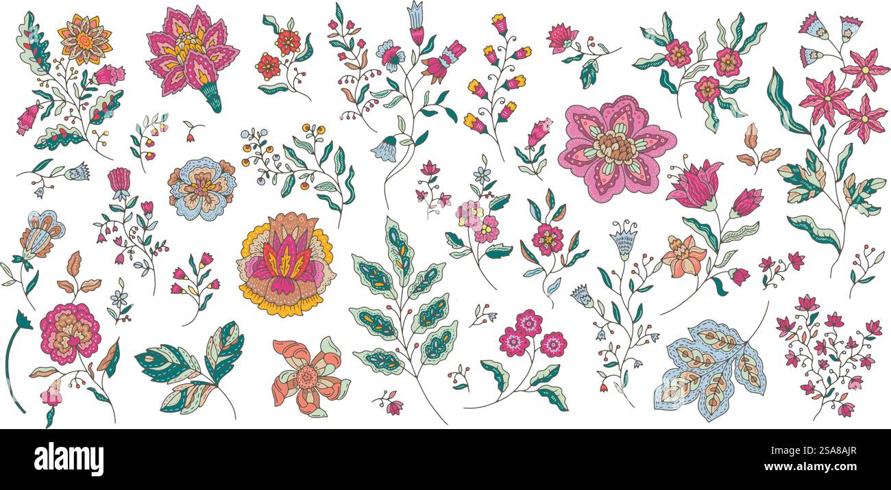 Une illustration vectorielle présentant une collection diversifiée d'éléments floraux artistiques avec des détails complexes et divers types de fleurs, isolés sur un fond blanc. Parfait pour les impressions de projets de conception.. Collection d'éléments floraux artistiques Illustration de Vecteur